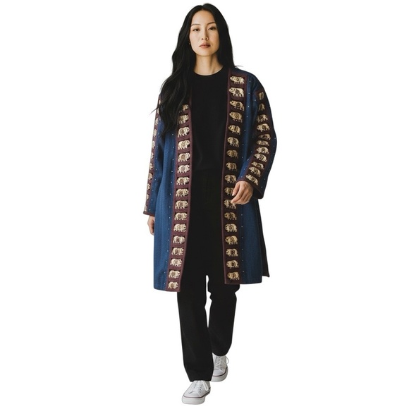 Vintage Denim Maxi Coat Wooden Elephant Bone Inserts Blue Jean Large Oversized - Picture 11 of 15